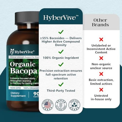 HyberVive Bacopa Monnieri Supplement 300 MG – Organischer Nootropischer Extrakt mit ≥55% Bacosiden für Gedächtnis, Fokus und kognitive Unterstützung – Hergestellt in den USA – 90 Kapseln