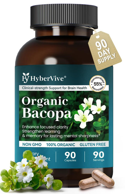 HyberVive Bacopa Monnieri Supplement 300 MG – Organischer Nootropischer Extrakt mit ≥55% Bacosiden für Gedächtnis, Fokus und kognitive Unterstützung – Hergestellt in den USA – 90 Kapseln