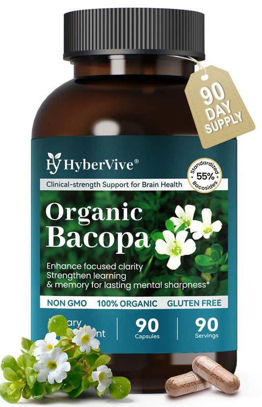 HyberVive Bacopa Monnieri Supplement 300 MG – Organischer Nootropischer Extrakt mit ≥55% Bacosiden für Gedächtnis, Fokus und kognitive Unterstützung – Hergestellt in den USA – 90 Kapseln