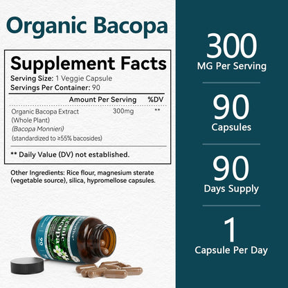 HyberVive Bacopa Monnieri Supplement 300 MG – Organischer Nootropischer Extrakt mit ≥55% Bacosiden für Gedächtnis, Fokus und kognitive Unterstützung – Hergestellt in den USA – 90 Kapseln