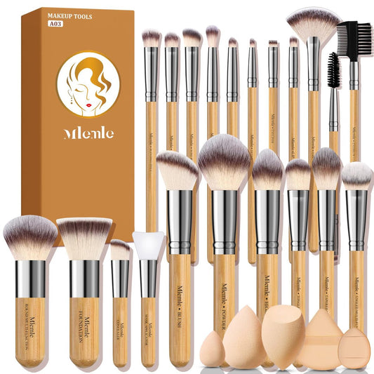 Mlemle Professionelles 26-teiliges Make-up-Pinsel-Set mit Bambusstielen, 21 Pinseln, 3 Schwämmen und 2 Puderquasten (A03, Gelb)