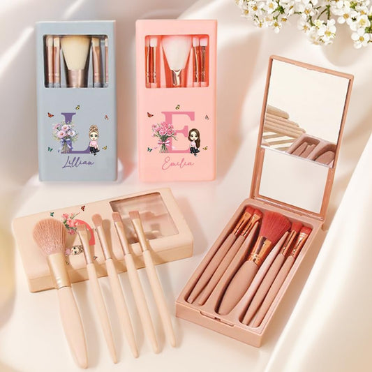 Callie Personalisierte Make-up-Pinselsets für Frauen – Individuelles Geburtsblumenstrauß-Cartoon-Design, 5-teiliges Pinselset mit Namensinitialen und Spiegel, Geburtstagsgeschenk für Frauen und Mädchen