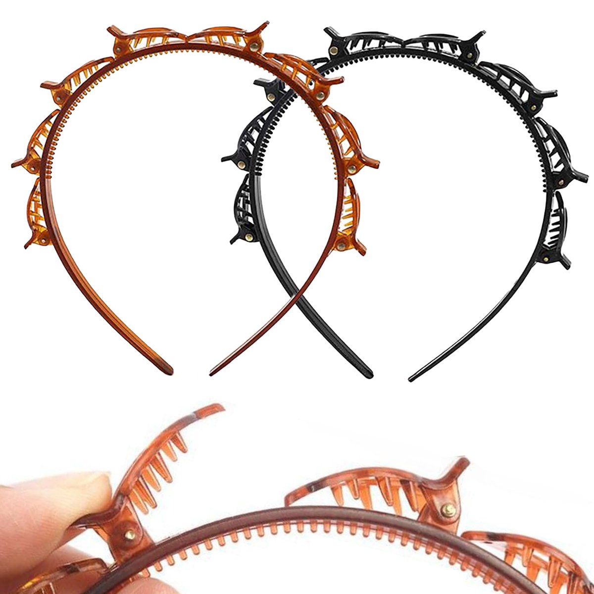 KornaDoz 2-teiliges Haarband mit Clips für Frauen, doppellagiges gezahntes Stirnband und Haarband mit Clips für einfache DIY-Frisuren, Flechtwerkzeug-Styling-Accessoires in Schwarz und Braun