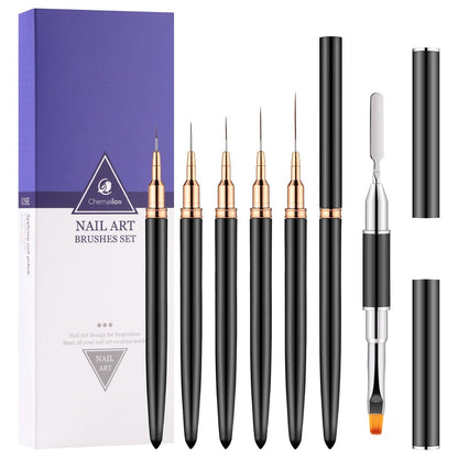 CHEMAILON 6er Set Nail Art Liner Pinsel, doppelendige Nagelbürsten für Poly Extension Sculpture Gel, Nagel-Dotting-Zeichenwerkzeug für lange Linien, feine Details, feine Zeichnung, Größen 5/8/11/19/24 mm