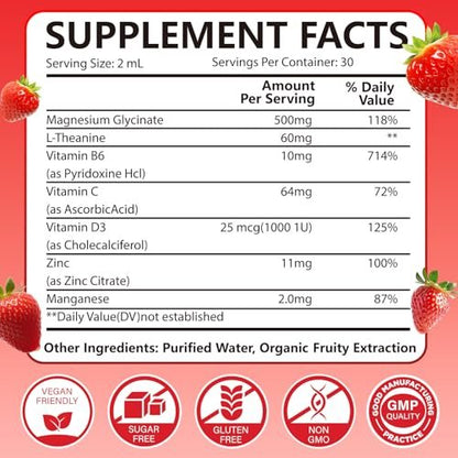Magnesium Glycinat Flüssig 500mg – Hochabsorbierend mit Vitamin B6, D3, C, Zink – Unterstützt Stimmung, Schlaf, Herz- & Knochengesundheit – Vegan, Non-GMO, Glutenfrei – 60 ml, Erdbeergeschmack