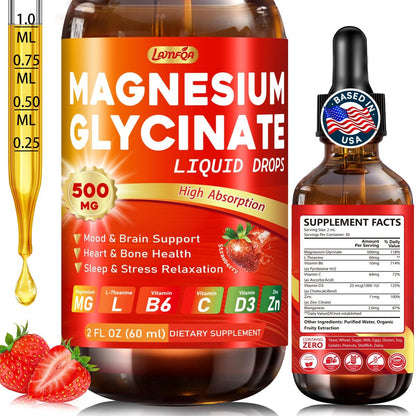 Magnesium Glycinat Flüssig 500mg – Hochabsorbierend mit Vitamin B6, D3, C, Zink – Unterstützt Stimmung, Schlaf, Herz- & Knochengesundheit – Vegan, Non-GMO, Glutenfrei – 60 ml, Erdbeergeschmack