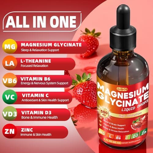 Magnesium Glycinat Flüssig 500mg – Hochabsorbierend mit Vitamin B6, D3, C, Zink – Unterstützt Stimmung, Schlaf, Herz- & Knochengesundheit – Vegan, Non-GMO, Glutenfrei – 60 ml, Erdbeergeschmack