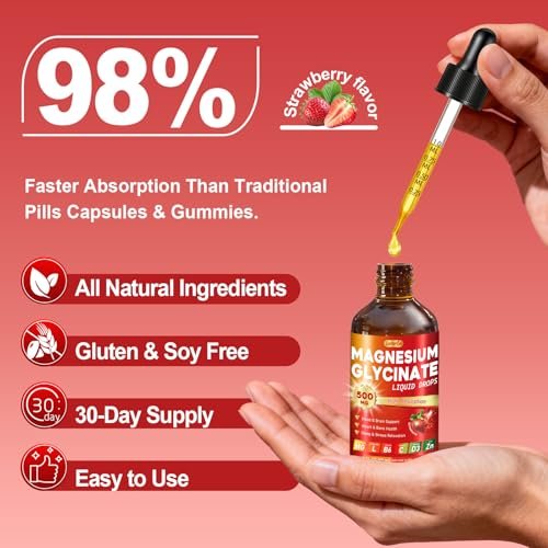 Magnesium Glycinat Flüssig 500mg – Hochabsorbierend mit Vitamin B6, D3, C, Zink – Unterstützt Stimmung, Schlaf, Herz- & Knochengesundheit – Vegan, Non-GMO, Glutenfrei – 60 ml, Erdbeergeschmack