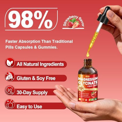Magnesium Glycinat Flüssig 500mg – Hochabsorbierend mit Vitamin B6, D3, C, Zink – Unterstützt Stimmung, Schlaf, Herz- & Knochengesundheit – Vegan, Non-GMO, Glutenfrei – 60 ml, Erdbeergeschmack