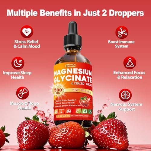 Magnesium Glycinat Flüssig 500mg – Hochabsorbierend mit Vitamin B6, D3, C, Zink – Unterstützt Stimmung, Schlaf, Herz- & Knochengesundheit – Vegan, Non-GMO, Glutenfrei – 60 ml, Erdbeergeschmack