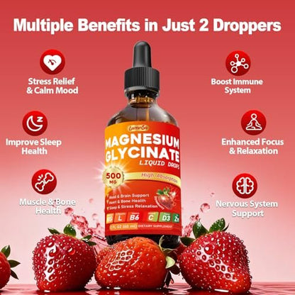 Magnesium Glycinat Flüssig 500mg – Hochabsorbierend mit Vitamin B6, D3, C, Zink – Unterstützt Stimmung, Schlaf, Herz- & Knochengesundheit – Vegan, Non-GMO, Glutenfrei – 60 ml, Erdbeergeschmack
