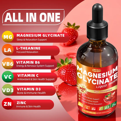 Magnesium Glycinat Flüssig 500mg – Hochabsorbierend mit Vitamin B6, D3, C, Zink – Unterstützt Stimmung, Schlaf, Herz- & Knochengesundheit – Vegan, Non-GMO, Glutenfrei – 60 ml, Erdbeergeschmack
