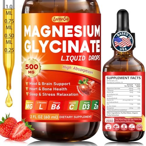 Magnesium Glycinat Flüssig 500mg – Hochabsorbierend mit Vitamin B6, D3, C, Zink – Unterstützt Stimmung, Schlaf, Herz- & Knochengesundheit – Vegan, Non-GMO, Glutenfrei – 60 ml, Erdbeergeschmack