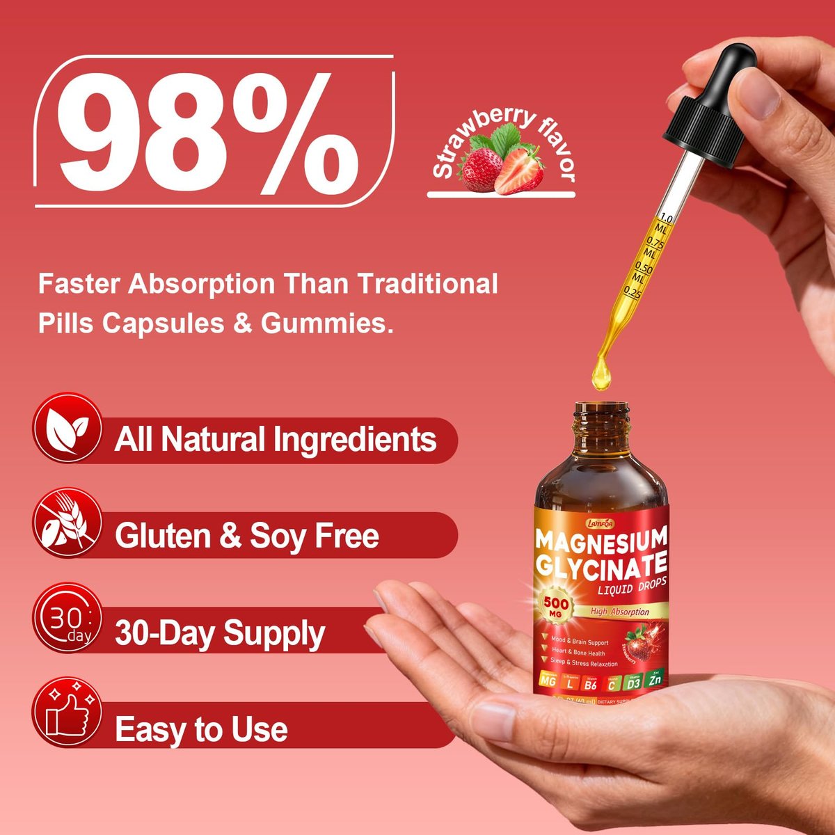 Magnesium Glycinat Flüssig 500mg – Hochabsorbierend mit Vitamin B6, D3, C, Zink – Unterstützt Stimmung, Schlaf, Herz- & Knochengesundheit – Vegan, Non-GMO, Glutenfrei – 60 ml, Erdbeergeschmack
