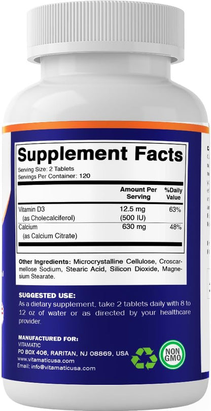 Vitamatic Calciumcitrat mit Vitamin D3 – 240 Tabletten – Hoch absorbierbares Calciumcitrat mit D3 – Nicht-GVO, Glutenfrei