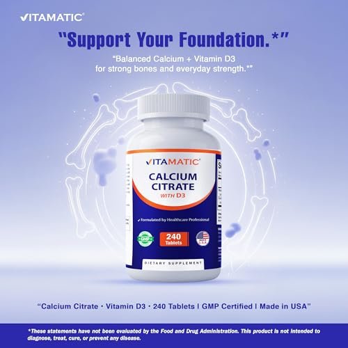 Vitamatic Calciumcitrat mit Vitamin D3 – 240 Tabletten – Hoch absorbierbares Calciumcitrat mit D3 – Nicht-GVO, Glutenfrei