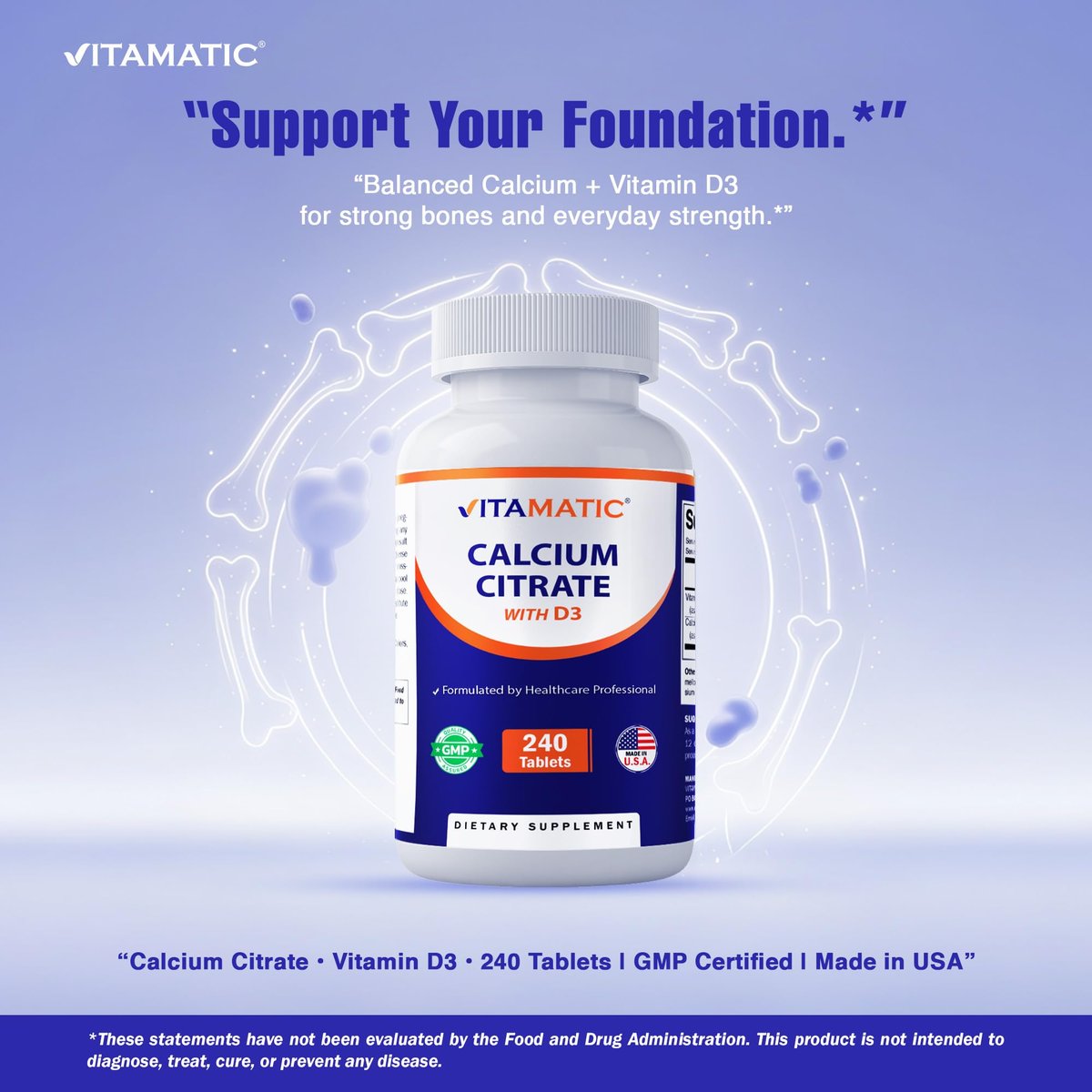 Vitamatic Calciumcitrat mit Vitamin D3 – 240 Tabletten – Hoch absorbierbares Calciumcitrat mit D3 – Nicht-GVO, Glutenfrei