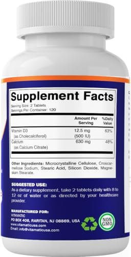Vitamatic Calciumcitrat mit Vitamin D3 – 240 Tabletten – Hoch absorbierbares Calciumcitrat mit D3 – Nicht-GVO, Glutenfrei