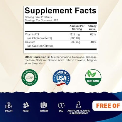 Vitamatic Calciumcitrat mit Vitamin D3 – 240 Tabletten – Hoch absorbierbares Calciumcitrat mit D3 – Nicht-GVO, Glutenfrei