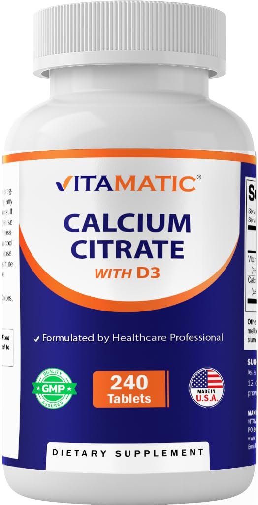 Vitamatic Calciumcitrat mit Vitamin D3 – 240 Tabletten – Hoch absorbierbares Calciumcitrat mit D3 – Nicht-GVO, Glutenfrei