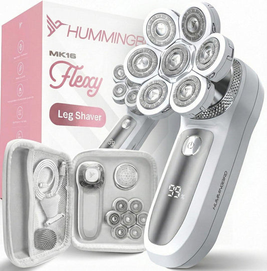 HUMMINGBIRD Flexy Elektrorasierer für Frauen – Kabellos, Wiederaufladbar, Wasserdicht, Beinrasierer für seidig glatte Beine, Haarentfernungsset, Peeling, Reinigung, Reiseetui & Bikinitrimmer