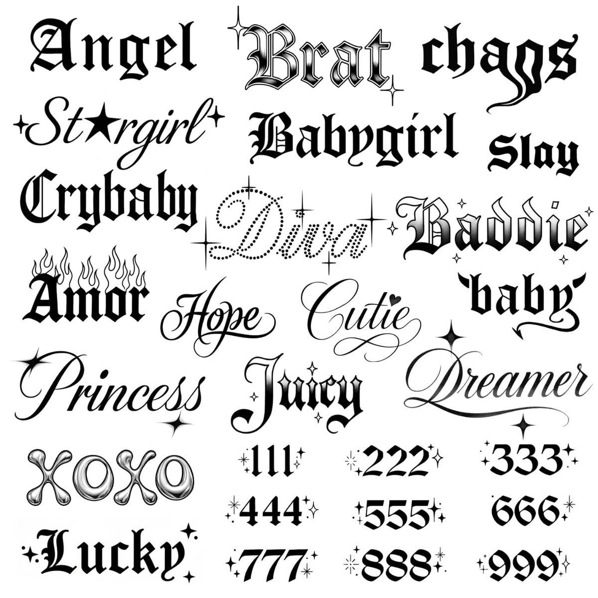 Pixel Hearts Sassy Script Temporäre Tattoos | Y2K Gothic Wörter und Engelszahlen | Realistische wasserfeste Fake Tattoos | Engel, Brat, Prinzessin, Babygirl, Diva