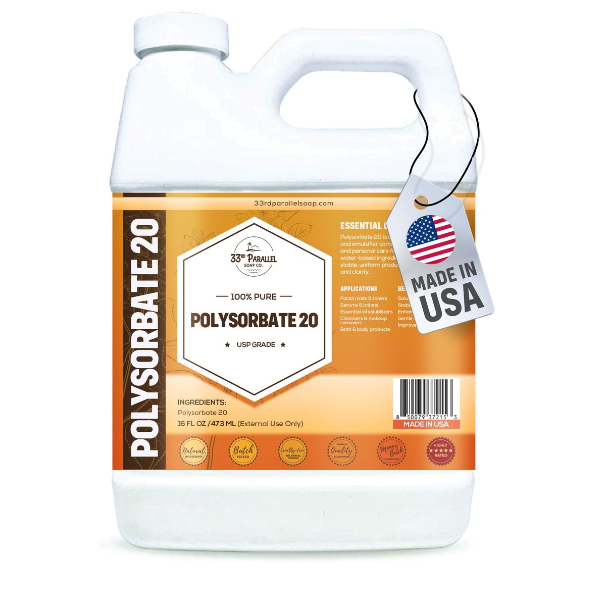 Polysorbat 20 (16 oz) | USP-Qualität – Tween 20 sanfter natürlicher Emulgator & Lösungsvermittler für ätherische Öle, Düfte, Sprays, Lotionen, Shampoos | Verbessert Stabilität & Klarheit | 16 UNZEN