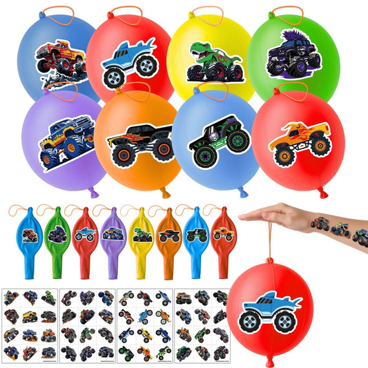 72-teiliges Monster-Truck-Party-Set: 48 temporäre Tattoos & 24 Punch-Ballons – Motto-Party-Dekoration, Geschenke für Kinder, Goodie-Bag-Füller