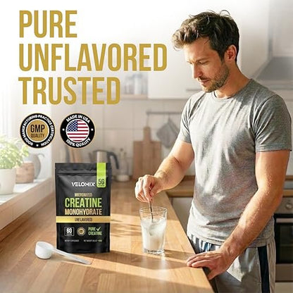 VELOMIX Mikronisiertes Kreatin-Monohydrat Pulver – 100% reines Kreatinpulver, ungewürzt und leicht zu mischen | Unterstützt Muskelwachstum, Erholung und Kraft | 5000mg pro Portion (5g) – 60 Portionen
