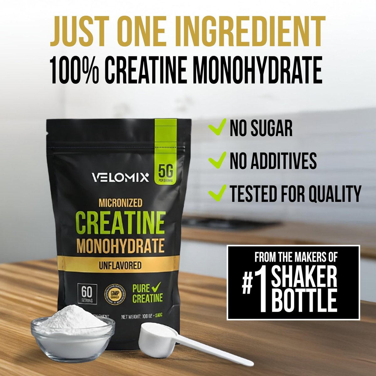 VELOMIX Mikronisiertes Kreatin-Monohydrat Pulver – 100% reines Kreatinpulver, ungewürzt und leicht zu mischen | Unterstützt Muskelwachstum, Erholung und Kraft | 5000mg pro Portion (5g) – 60 Portionen