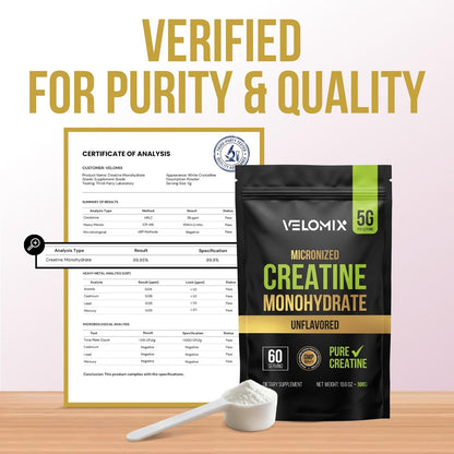 VELOMIX Mikronisiertes Kreatin-Monohydrat Pulver – 100% reines Kreatinpulver, ungewürzt und leicht zu mischen | Unterstützt Muskelwachstum, Erholung und Kraft | 5000mg pro Portion (5g) – 60 Portionen