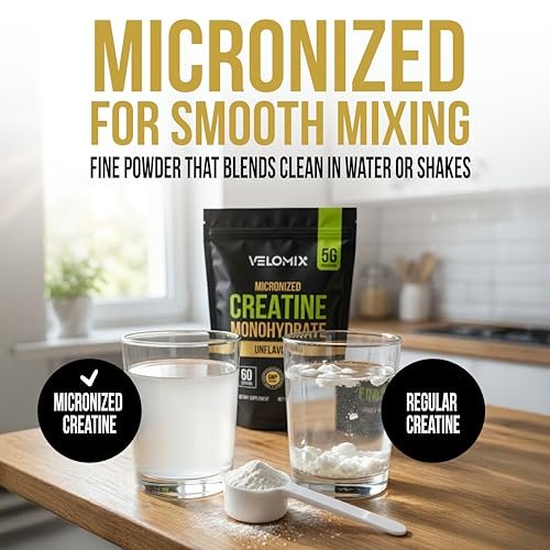 VELOMIX Mikronisiertes Kreatin-Monohydrat Pulver – 100% reines Kreatinpulver, ungewürzt und leicht zu mischen | Unterstützt Muskelwachstum, Erholung und Kraft | 5000mg pro Portion (5g) – 60 Portionen
