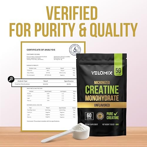 VELOMIX Mikronisiertes Kreatin-Monohydrat Pulver – 100% reines Kreatinpulver, ungewürzt und leicht zu mischen | Unterstützt Muskelwachstum, Erholung und Kraft | 5000mg pro Portion (5g) – 60 Portionen