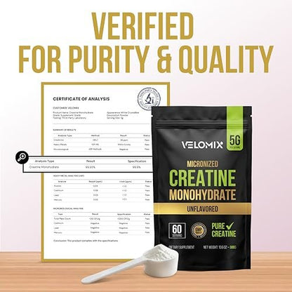 VELOMIX Mikronisiertes Kreatin-Monohydrat Pulver – 100% reines Kreatinpulver, ungewürzt und leicht zu mischen | Unterstützt Muskelwachstum, Erholung und Kraft | 5000mg pro Portion (5g) – 60 Portionen