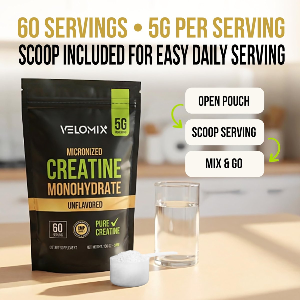 VELOMIX Mikronisiertes Kreatin-Monohydrat Pulver – 100% reines Kreatinpulver, ungewürzt und leicht zu mischen | Unterstützt Muskelwachstum, Erholung und Kraft | 5000mg pro Portion (5g) – 60 Portionen