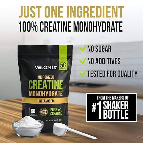 VELOMIX Mikronisiertes Kreatin-Monohydrat Pulver – 100% reines Kreatinpulver, ungewürzt und leicht zu mischen | Unterstützt Muskelwachstum, Erholung und Kraft | 5000mg pro Portion (5g) – 60 Portionen