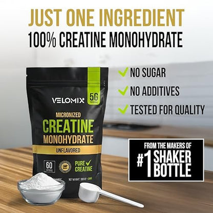 VELOMIX Mikronisiertes Kreatin-Monohydrat Pulver – 100% reines Kreatinpulver, ungewürzt und leicht zu mischen | Unterstützt Muskelwachstum, Erholung und Kraft | 5000mg pro Portion (5g) – 60 Portionen