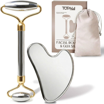 Edelstahl Gesichtsroller & Gua Sha Set – Gesichtsmassagegerät für Selbstpflege, Konturierung und Reduzierung von Schwellungen