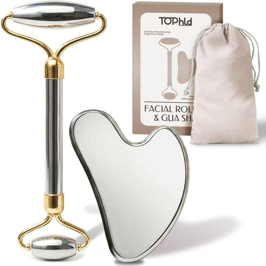 Edelstahl Gesichtsroller & Gua Sha Set – Gesichtsmassagegerät für Selbstpflege, Konturierung und Reduzierung von Schwellungen