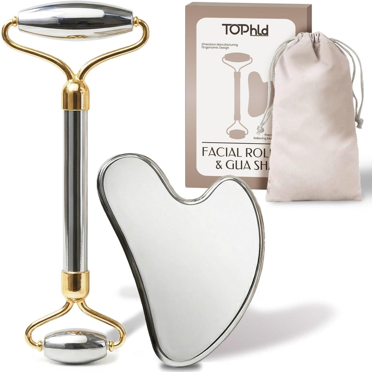 Edelstahl Gesichtsroller & Gua Sha Set – Gesichtsmassagegerät für Selbstpflege, Konturierung und Reduzierung von Schwellungen