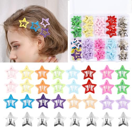 Secmity 55-teilige Stern-Haarspangen 1,22 Zoll – Bunte Metall-Snap-Haarspangen für Mädchen und Frauen, niedliche Stern-Haaraccessoires für den Alltag und Partys