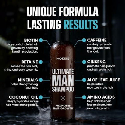 Moerie Ultimate Men Hair Growth Shampoo – Haarausfall Lösung für Männer mit Biotin und Rosmarin, Verdickendes Shampoo für dünner werdendes Haar – Ultimativer Boost für alle Haartypen