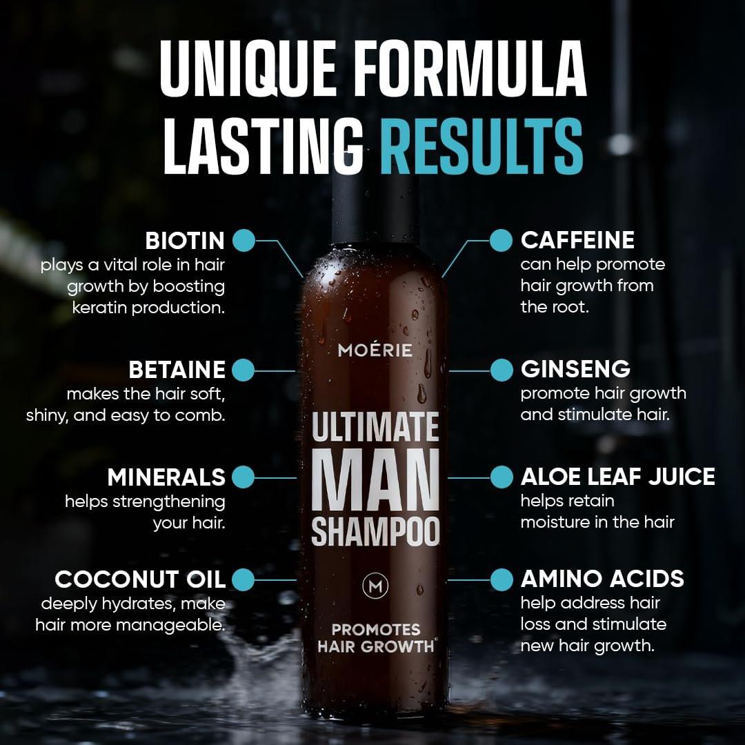 Moerie Ultimate Men Hair Growth Shampoo – Haarausfall Lösung für Männer mit Biotin und Rosmarin, Verdickendes Shampoo für dünner werdendes Haar – Ultimativer Boost für alle Haartypen