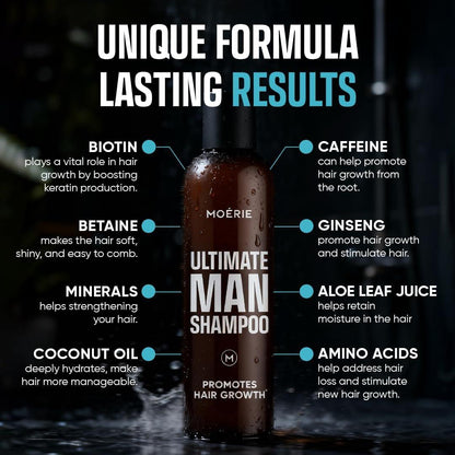Moerie Ultimate Men Hair Growth Shampoo – Haarausfall Lösung für Männer mit Biotin und Rosmarin, Verdickendes Shampoo für dünner werdendes Haar – Ultimativer Boost für alle Haartypen