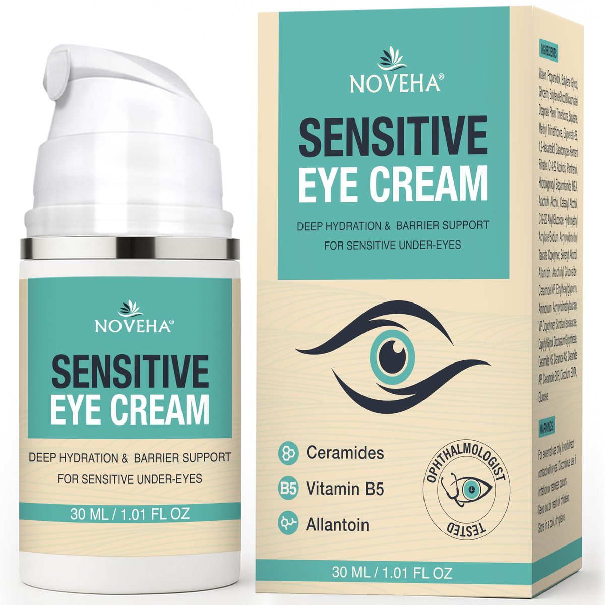 NOVEHA Feuchtigkeitscreme für die Augenpartie für empfindliche Haut (30 ml) – Augenpflege für trockene Augenlider & Augenringe, vegane Ceramid-Augencreme gegen feine Linien & Schwellungen, parfümfrei