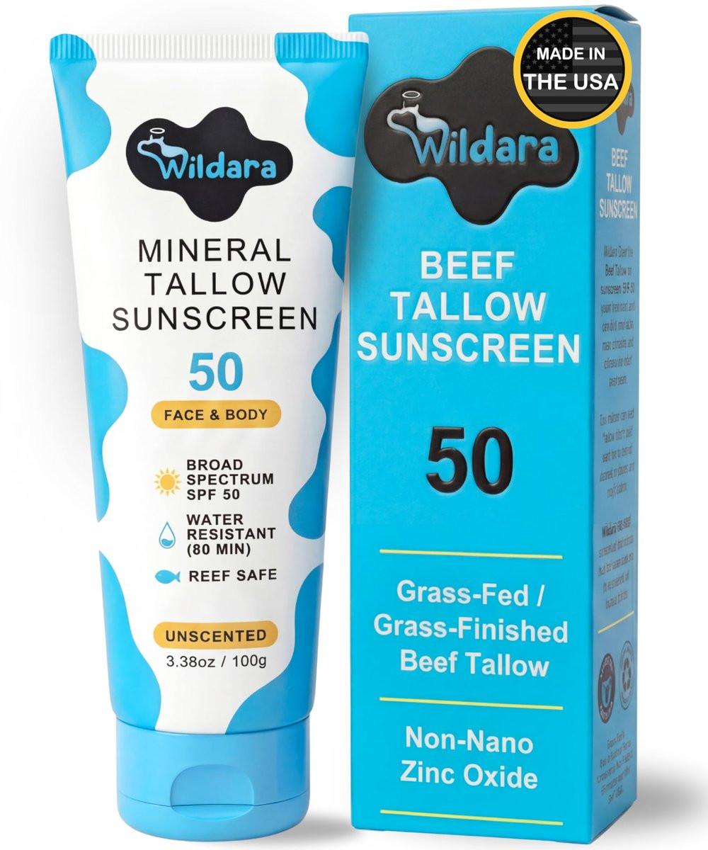 Wildara Beef Tallow Sonnencreme SPF 50 – Mineralische Sonnencreme für Gesicht & Körper, unparfümiert, riffsicher, wasserresistent, Zinkoxid, hergestellt in USA