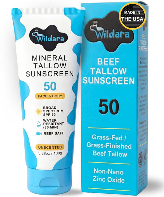 Wildara Beef Tallow Sonnencreme SPF 50 – Mineralische Sonnencreme für Gesicht & Körper, unparfümiert, riffsicher, wasserresistent, Zinkoxid, hergestellt in USA