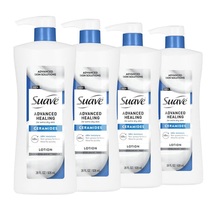 Suave Advanced Healing Hand- & Körperlotion für Frauen mit Ceramiden für sehr trockene Haut, feuchtigkeitsspendend, nicht fettend, allergenfreie Feuchtigkeitscreme, leicht parfümiert, 28 FL OZ Pump, 4er-Pack