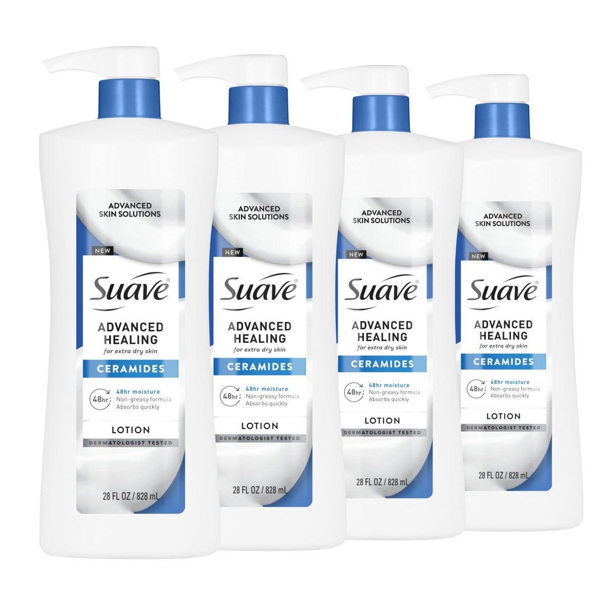 Suave Advanced Healing Hand- & Körperlotion für Frauen mit Ceramiden für sehr trockene Haut, feuchtigkeitsspendend, nicht fettend, allergenfreie Feuchtigkeitscreme, leicht parfümiert, 28 FL OZ Pump, 4er-Pack