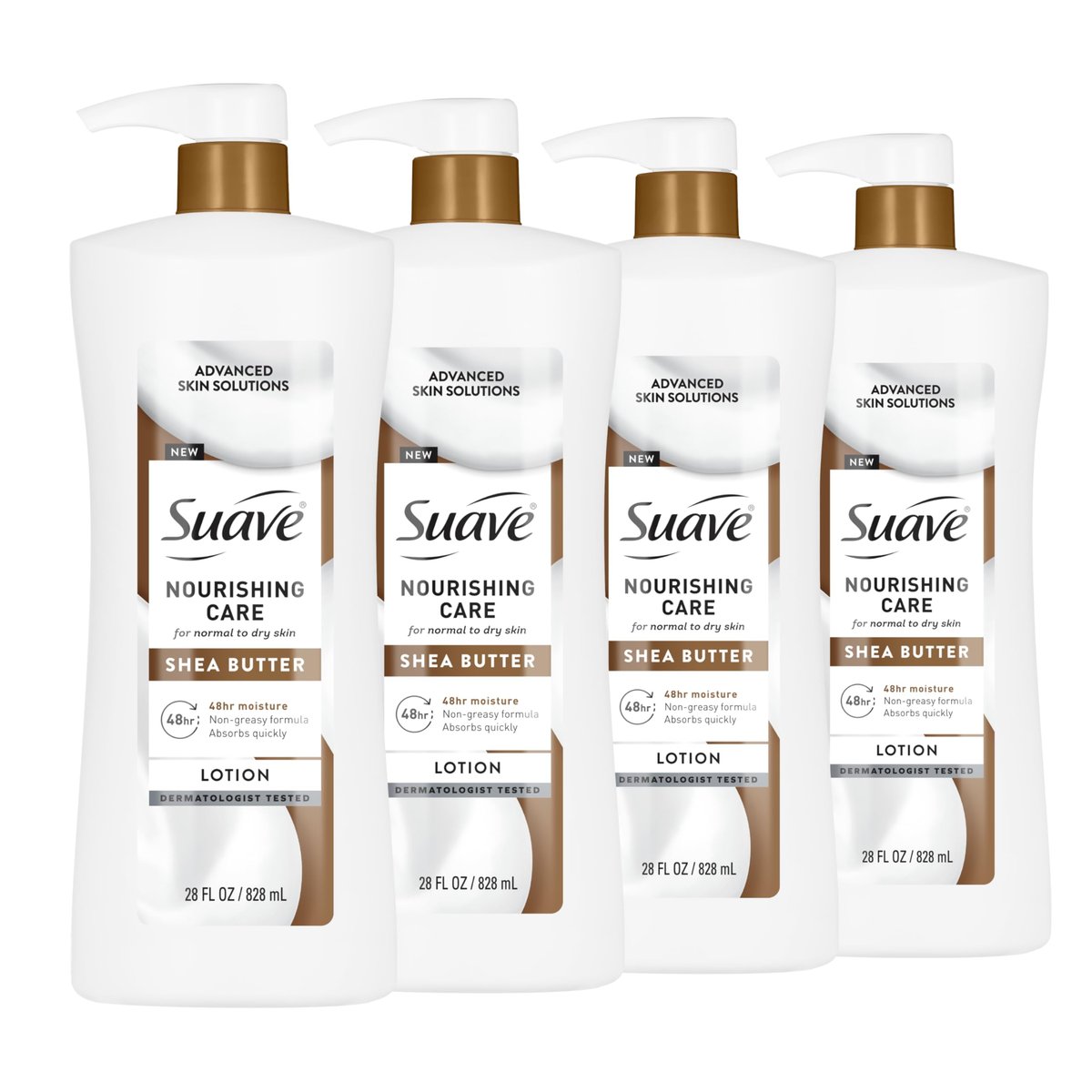 Suave Nourishing Care Hand- & Körperlotion mit Sheabutter, tiefe Feuchtigkeit für trockene Haut, schnell einziehend, allergenfreie Feuchtigkeitscreme, 4er-Pack (4 x 828 ml)